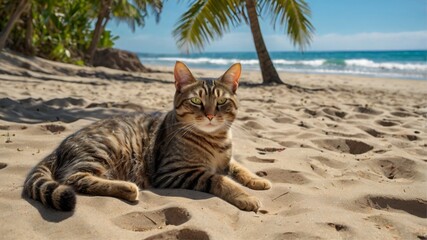 Serene Tabby Cat Relaxing on a Tropical Beach