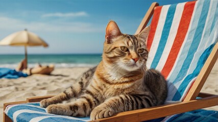 Relaxing Tabby Cat on Beach Lounger: Sunny Coastal Serenity
