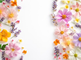 Obraz premium Beautiful, colorful flower border with Lavender on a white background, with space for text or design