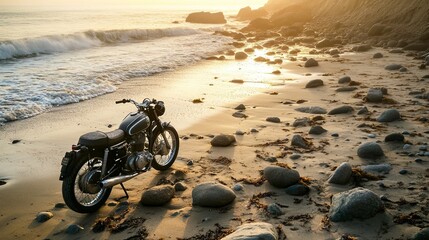 Obraz premium A motorbike on a rocky beach with gentle waves lapping at the shore in soft morning light. digital