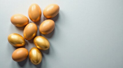 A cluster of golden and natural eggs arranged on a pale surface, creating a simple yet elegant composition, perfect for illustrating concepts of wealth, abundance, or new beginnings.