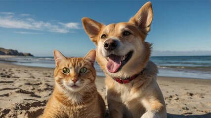 Beach Day Companions: Happy Dog and Cat on Sandy Shore