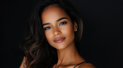Fototapeta premium Elegant Brazilian model portrait against a dark background showcasing radiant beauty and confident expression.