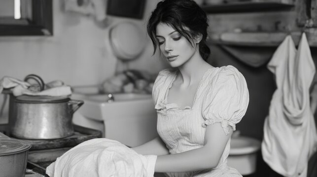 Elegant woman doing laundry in a rustic kitchen setting, evoking a sense of nostalgia and traditional homemaking. Black and white photography.
