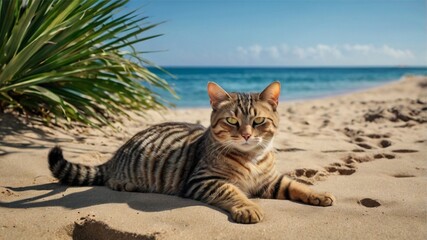 Beach Cat: Serene Tabby on Sunny Shore