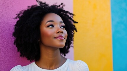 Confident woman with natural hair posing against a vibrant multi-colored background conveying beauty and positivity