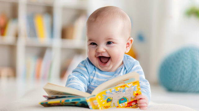 joyful baby in blue outfit is enjoying colorful board book with vivid illustrations, sitting in bright and cozy room. scene captures delight and curiosity of early childhood