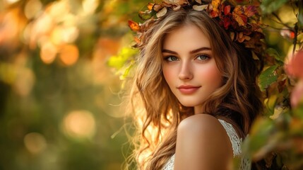 Fototapeta premium Autumn Portrait of a Beautiful Woman with Floral Crown in a Lush Natural Setting