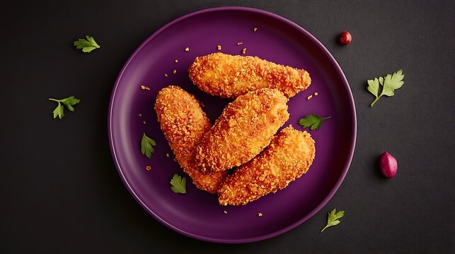 Delicious fried chicken cutlets in breadcrumbs on a purple plate