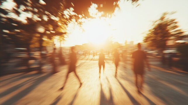 Blurred people walking in the street with back sun light - Defocused image - Rush and metropolis concept - Warm matte filter with soft vignette