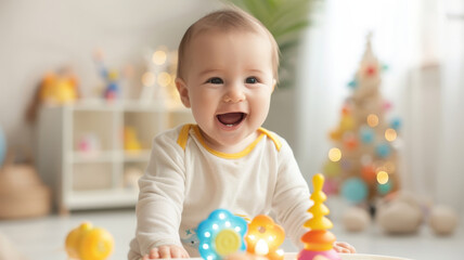 Obraz premium joyful baby giggling while playing with colorful light up sensory toys in bright room. background features soft lighting and cozy, playful ambiance, enhancing cheerful atmosphere