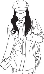 Stylish outline drawing of a girl in modern attire including a hat,tie, and oversized jacket,carrying a purse and bag. Great for fashion,design,or creative illustrative projects.
