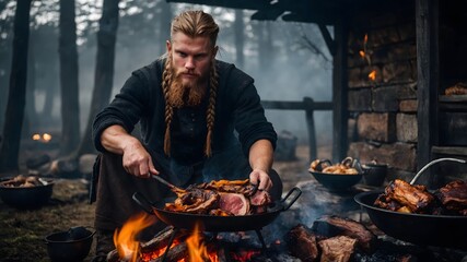 Fototapeta premium Dragon Flame Roasted Meat - Viking Barbecue with Mystical Creatures and Flame-Kissed Dishes