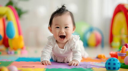 joyful baby girl is crawling on colorful play mat surrounded by toys, expressing happiness