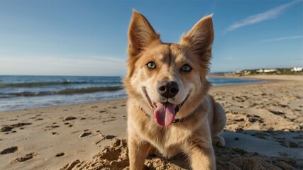 Happy Dog on Sandy Beach: A Joyful Summer Portrait