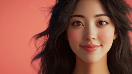 Obraz premium Confident young Asian woman with tan skin smiling warmly, showcasing product features against a vibrant backdrop. Perfect for marketing visuals.