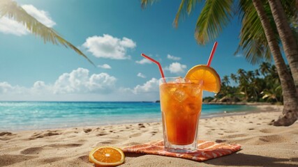 Tropical Beach Cocktail: Sunlit Iced Drink with Orange Garnish