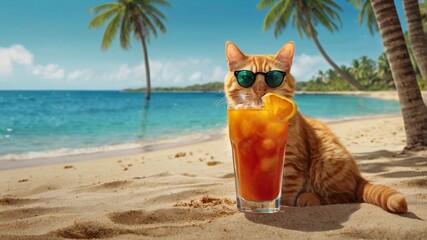 Cool Cat on Tropical Beach: Summer Cocktail Fun