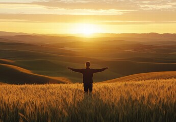 A man stands in a field of tall grass, arms outstretched