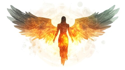 Fiery Angel Silhouette with Glowing Wings and Bright Energy