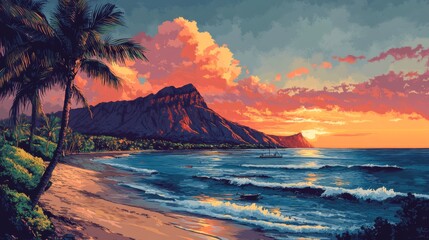 Diamond Head Hawaii Poster Illustration Travel Print Decor Gift Paper Canvas Wall Retro Art