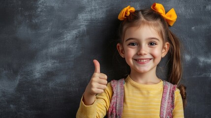 Cheerful girl student giving thumbs up celebrating education against grey background close up portrait with copy space for ads or promotions