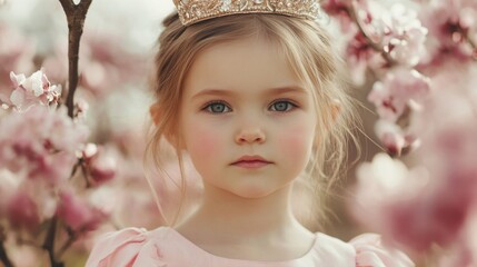 Fototapeta premium Caucasian Girl Wearing Crown in Pastel Pink Dress Surrounded by Blooming Flowers for Birthday Party Theme in Springtime Setting