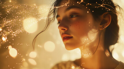 A hyper-detailed portrait of a thoughtful woman illuminated by speckles of luminescent particles trailing like soft ribbons, surrounded by a solid cream-colored backdrop