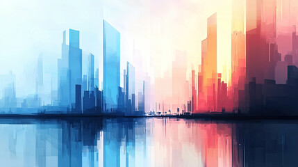 Abstract cityscape with colorful reflections in water