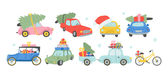 Vintage and modern Christmas transport carrying gifts box, xmas fir tree winter holidays set
