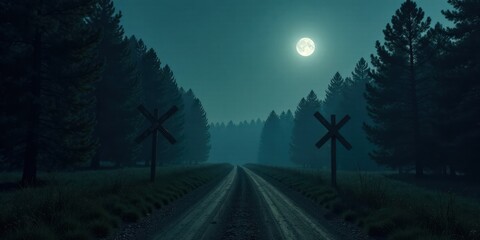 Fototapeta premium A moonlit gravel road winds through a mysterious forest at night, marked by crossing signals, hinting at a journey into the unknown.