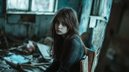 Obraz premium Young girl expressing melancholy in a ruined house highlighting feelings of loneliness and despair in a conceptual emotional portrait.