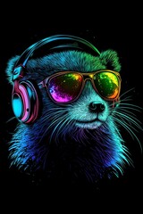 Neon Party Animal Stylish Raccoon in Headphones and Reflective Sunglasses on Black Background