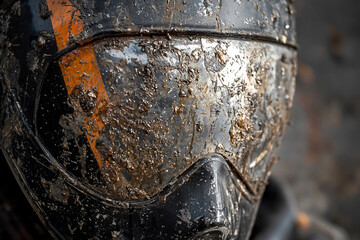 Close-up of a muddy helmet with visor reflecting dirt, showcasing an adventurous outdoor activity