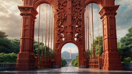Ornate Red Bridge Gateway: A Serene, Architectural Vista