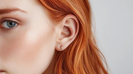 Earlobe correction close-up portrait of young woman with red hair showcasing ear piercing and beauty treatment concept on white background