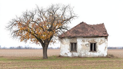 Abandoned farmhouse beside a leafless tree in a rural landscape during autumn