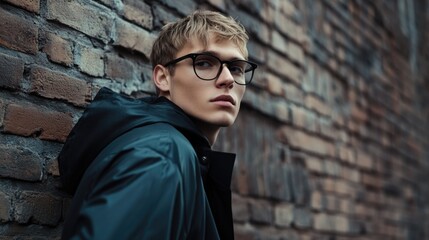 Obraz premium Stylish man in a raincoat against a brick wall with glasses and lilac color grading creating a romantic and moody atmosphere