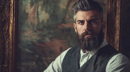 Handsome man with beard in vintage attire poses against antique frame with artwork background showcasing a mix of elegance and style.