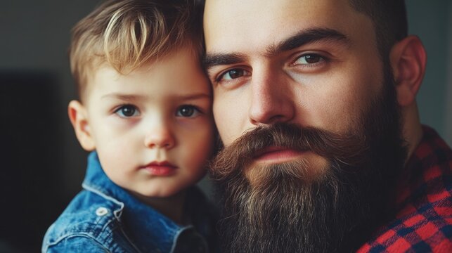 Bearded barber with child portrait smiling together in cozy indoor setting - Powered by Adobe