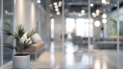bright modern office interior, white background, blurred backdrop, glass partitions meeting room