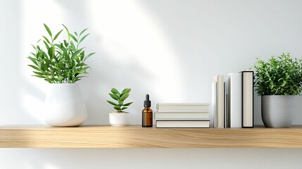 essential oil collection, aromatherapy. A minimalist shelf displays greenery, books, and an essential oil bottle, creating a calm and inviting atmosphere.