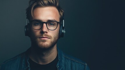 Fototapeta premium Hipster man with headphones and glasses against a dark background showcasing a modern and stylish music listening atmosphere.