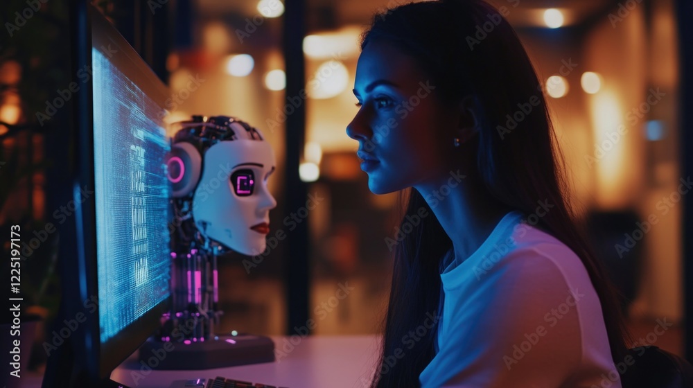Poster human engagement with ai virtual assistant and chatbot technology in a workspace, highlighting deep 