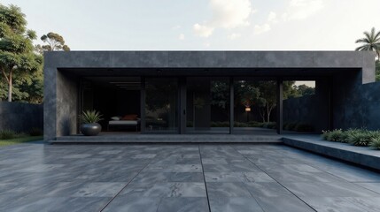 Modern Dark Grey House Exterior with Expansive Patio and Lush Greenery