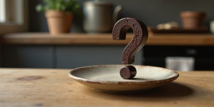 A dark brown question mark confection, seemingly crafted from rich chocolate, hovers above a simple, earthy-toned ceramic plate, creating a still-life image of delicious uncertainty.