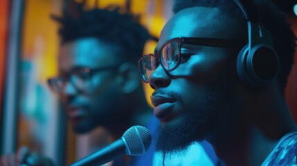 Fototapeta premium Hosts engaging in a lively podcast session with a focus on an African man speaking into a microphone while wearing headphones.