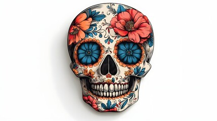 Ornate Skull with Colorful Floral Patterns in Mexican Day of the Dead Style