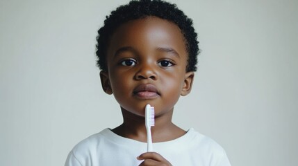 Young African American boy holding a toothbrush, promoting dental hygiene and healthy habits with a neutral background.
