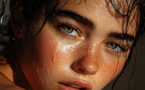 A woman with green eyes and a puffy face